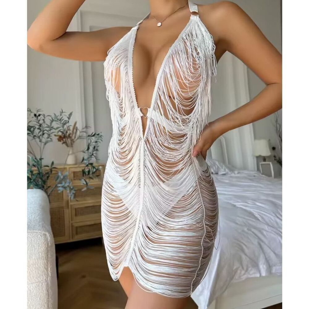 New Without Tags Fringe Dress Festival Sexy Size M White Bridal - Picture 2 of 2